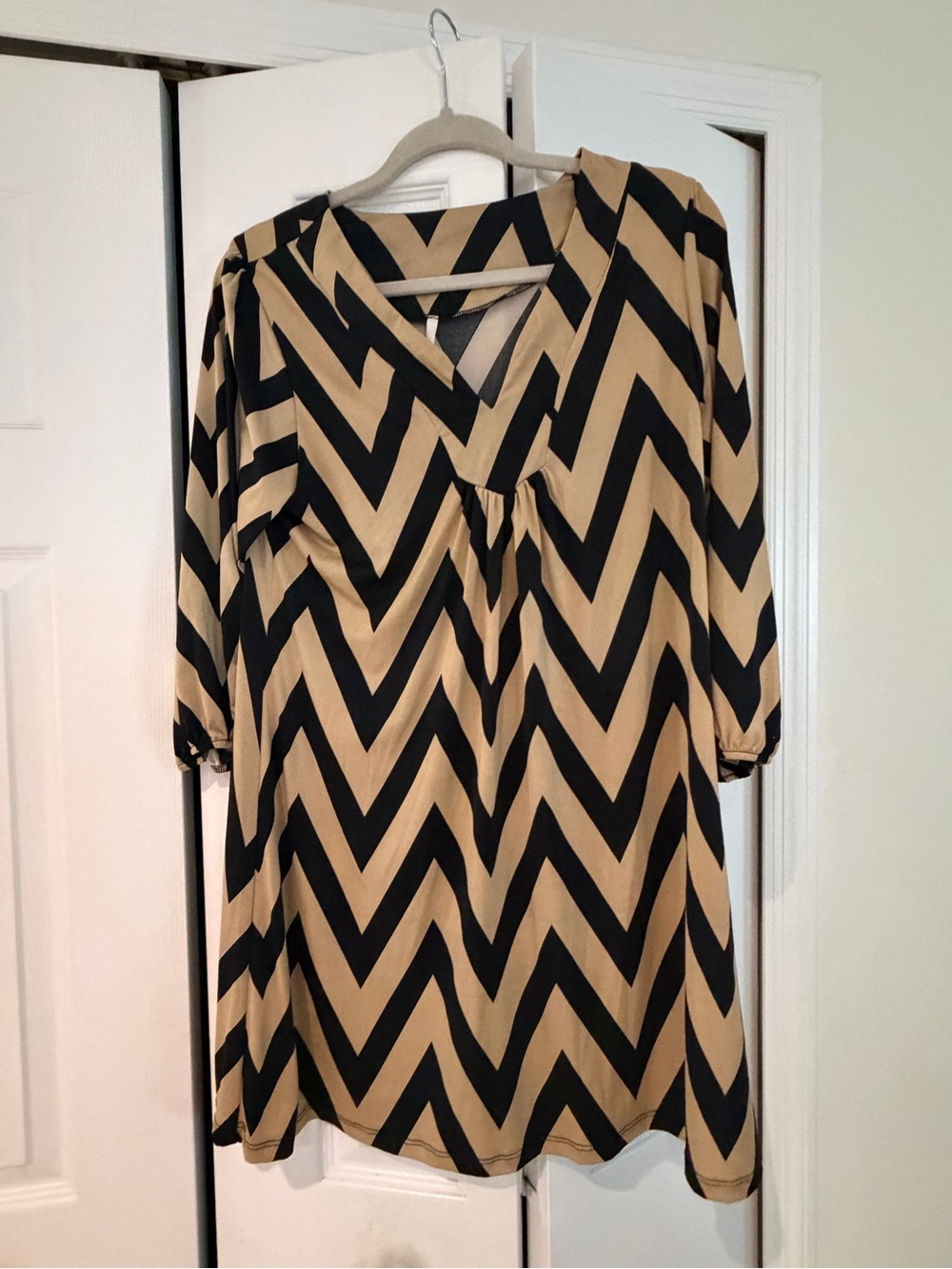 Voll Style Chevron V-Neck Long Sleeve Dress in Tan and Black